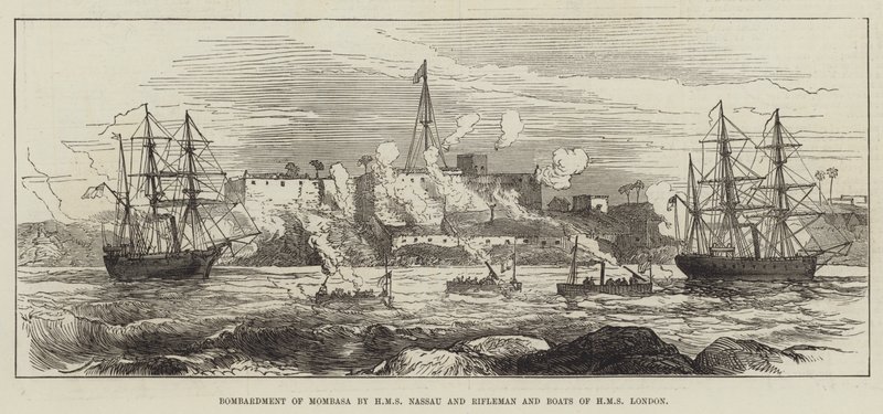 Mombasa bombázása a HMS Nassau és a HMS London Rifleman and Boats által (metszet) alkotó: English School