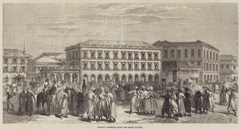 Bombay, Oriental Bank és részvénypiac (metszet) alkotó: English School