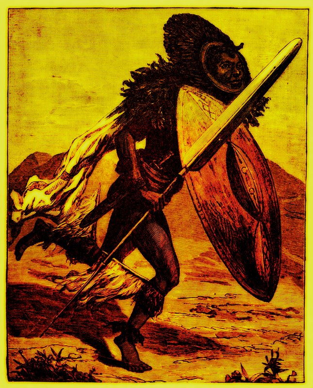 Bongo harcos, illusztráció: J. W. Buel The Story of Man, 1889-ben megjelent (digitálisan javított kép) alkotó: English School