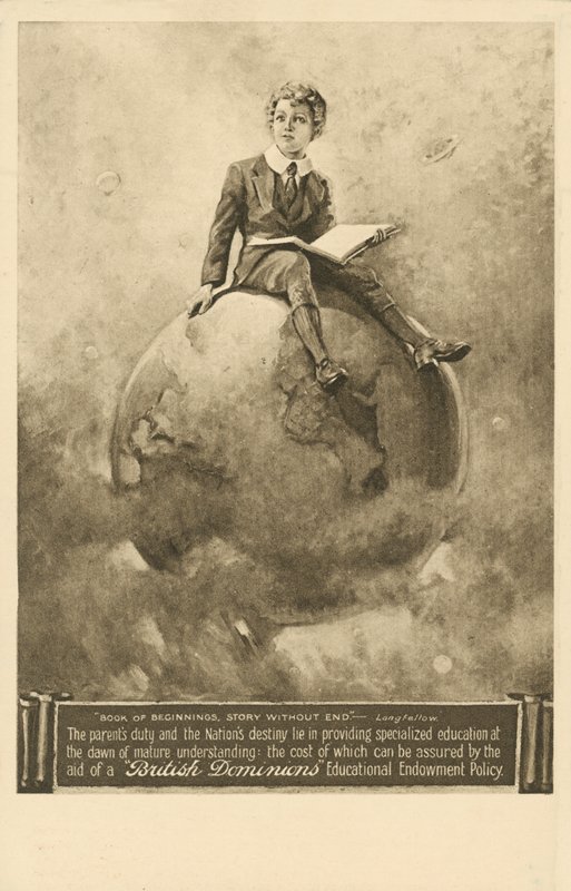 "A kezdetek könyve, történet vég nélkül", a British Dominions Insurance Company (litho) oktatási alapszabályzatának hirdetése alkotó: English School