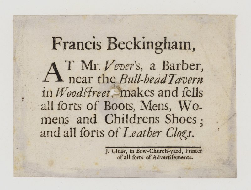 Boot and Shoemakers, Francis Beckingham, kereskedelmi kártya alkotó: English School