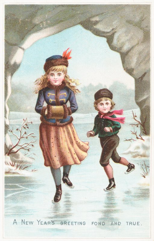 Fiú és lány jégkorcsolyázás, újévi kártya alkotó: English School