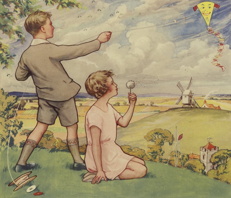 Sárkányt eregető fiú és lány (színes litográfia) alkotó: English School