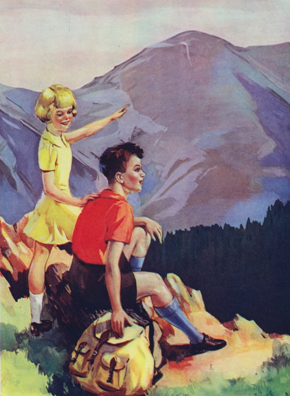 Fiú és lány túrázás a hegyekben (színes litho) alkotó: English School