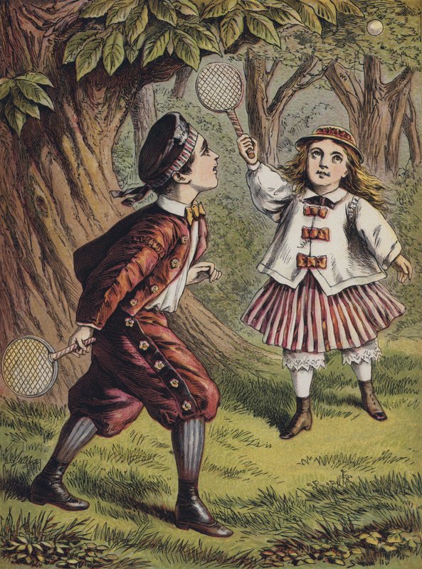 Fiú és lány játszik ütővel és labdával (színes litográfia) alkotó: English School