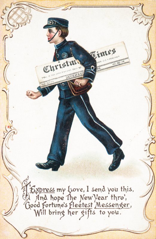 Fiúk szállítása Christmas Times újság, karácsonyi kártya alkotó: English School