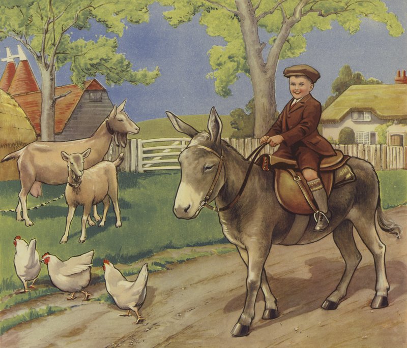 Szamáron lovagló fiú angol vidéken (színes litho) alkotó: English School