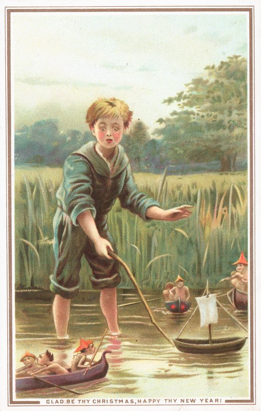 Fiú vitorlás, és nézi Pixies, karácsonyi kártya alkotó: English School
