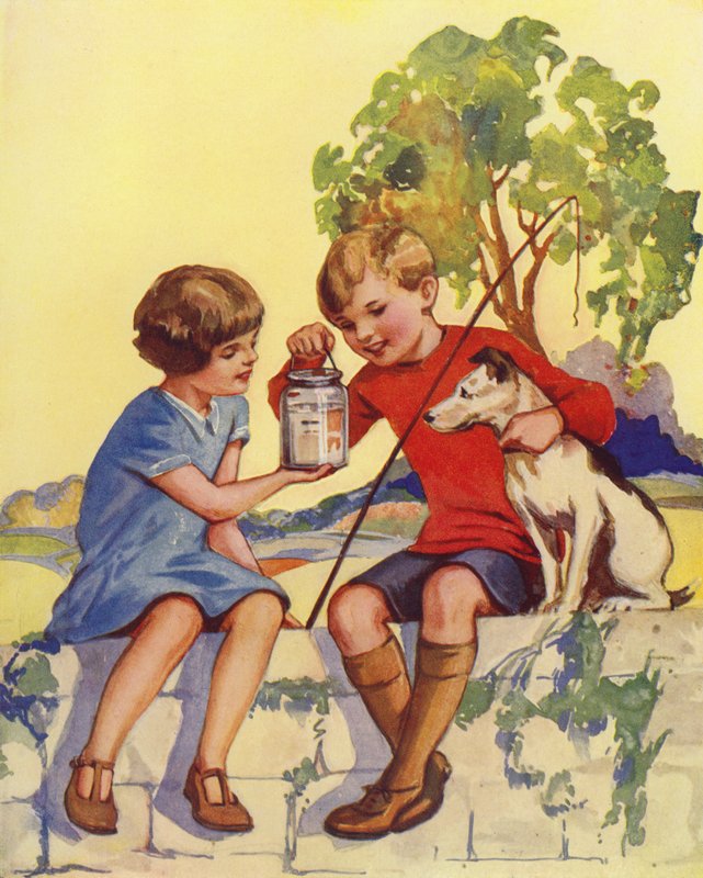 Fiú, aki bemutatja az öt kifogott halat (színes litho) alkotó: English School