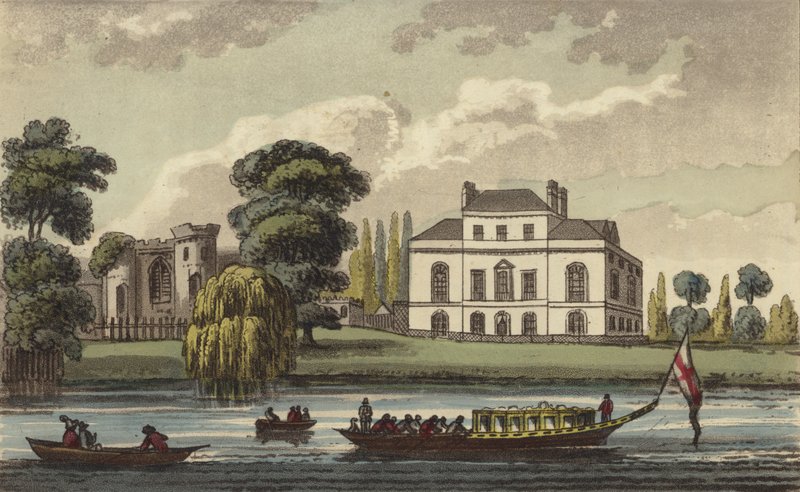 Brandenburg-ház, Hammersmith, London, Brunswicki Caroline, az Egyesült Királyság királynője és IV. György király elhidegült felesége otthona (színes metszet) alkotó: English School
