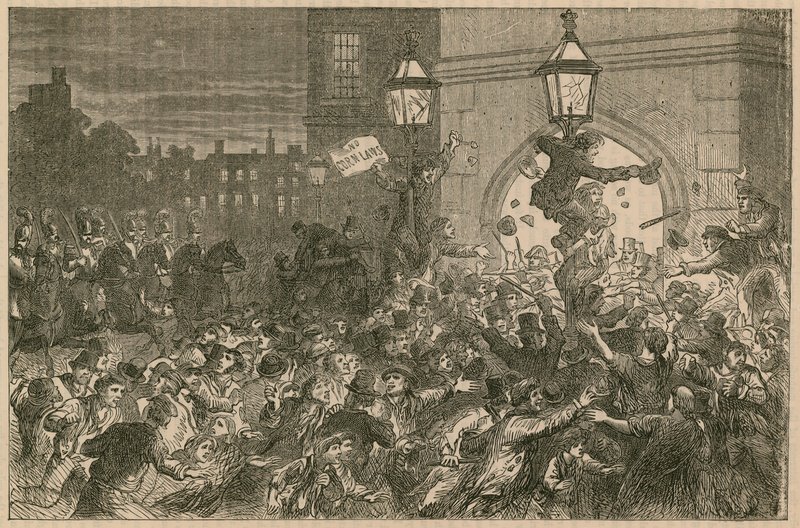 Kenyérlázadás az alsóház bejáratánál, 1815 alkotó: English School