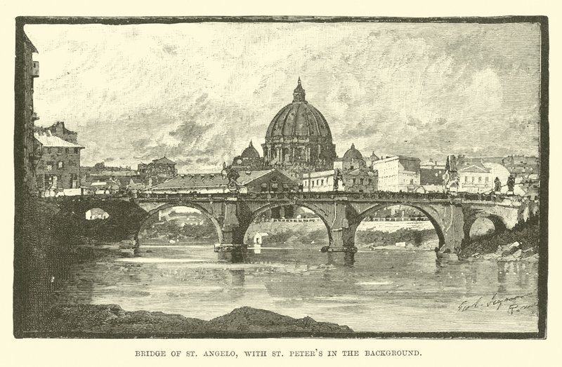 Szent Angelo hídja, háttérben Szent Péterrel alkotó: English School