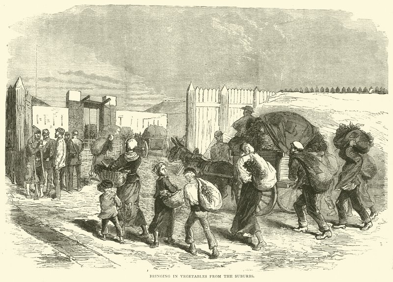 Zöldségbehozatal a külvárosból, 1870. október alkotó: English School