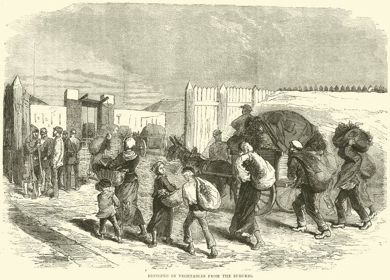 Zöldségbehozatal a külvárosból, 1870. október alkotó: English School