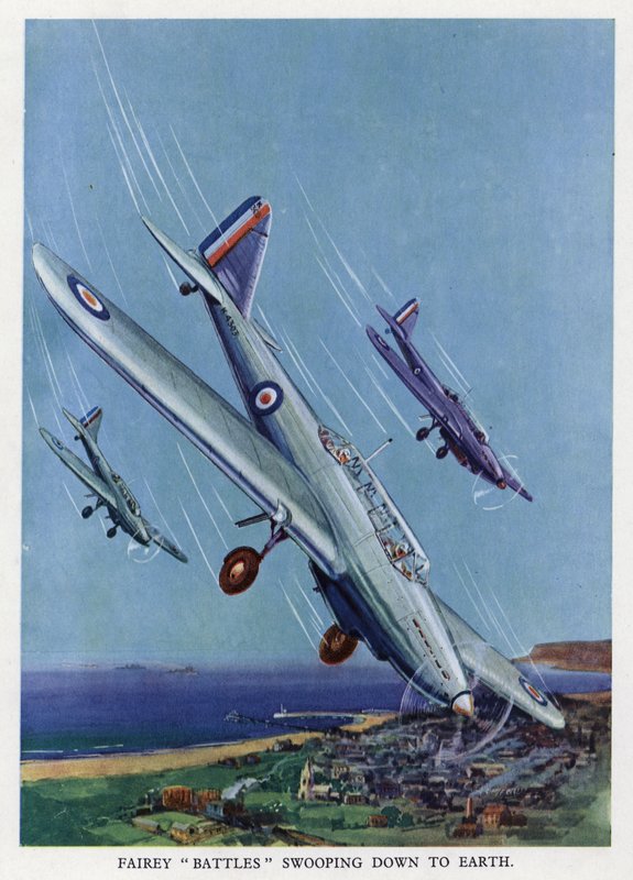 Brit Fairey Battle könnyű bombázók a föld felé merülve (színes litó) alkotó: English School