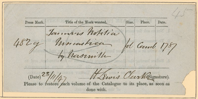 British Museum, Book Order Slip, november 23. [18?]47 alkotó: English School