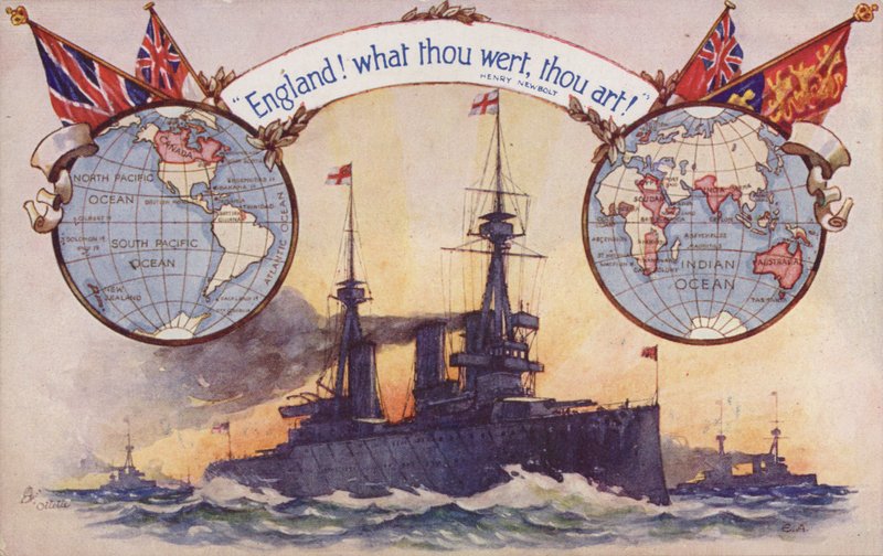 Brit csatahajó a Brit Birodalom térképeivel és zászlóival (színes litográfia) alkotó: English School