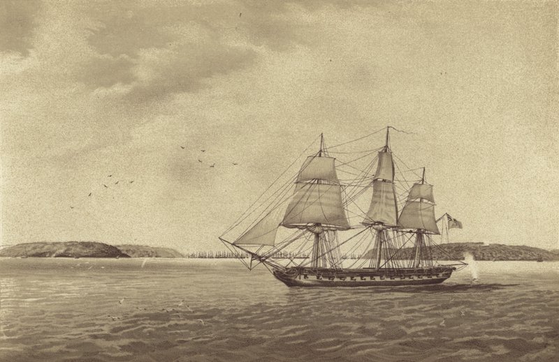 A brit HMS Fisgard fregatt, parancsnoka Thmas Byam Martin kapitány, felderítés Brestnél, Franciaországban (litho) alkotó: English School