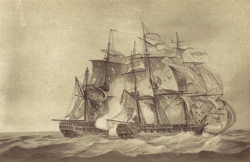 A Thomas Byam Martin kapitány parancsnoka által vezetett HMS Santa Margarita brit fregatt elfoglalja a francia Tamise fregattot, 1796. június (litho) alkotó: English School