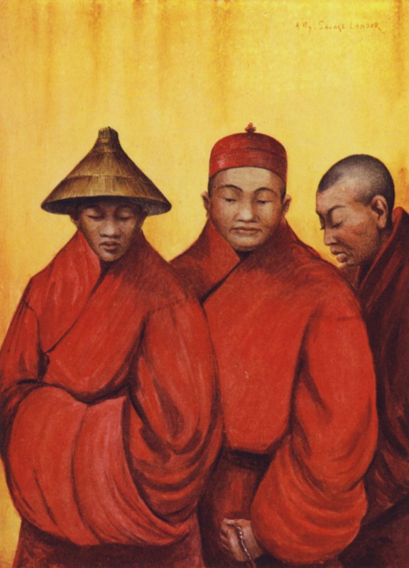 Buddhista szerzetesek kalapban. (színes litográfia) alkotó: English School