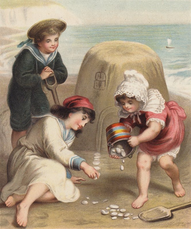 Homokvár építése a tengerparton (chromolitho) alkotó: English School
