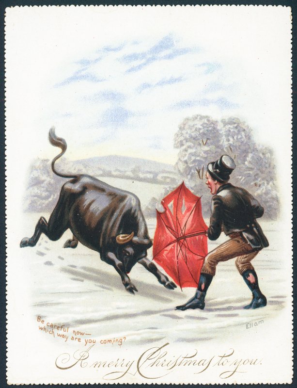 Bull töltés piros esernyőbe, karácsonyi kártya alkotó: English School