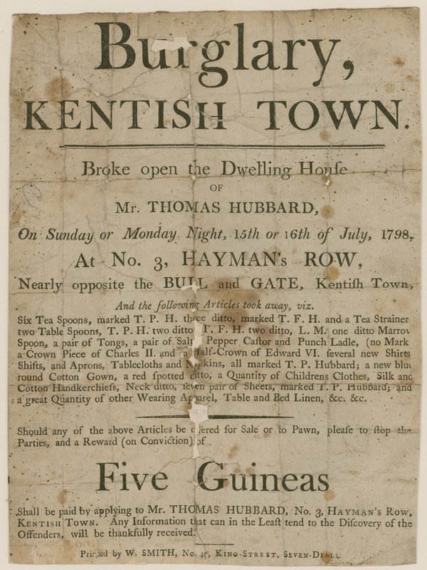 Betörés Kentish Townban 1798-ban. 5 GBP jutalom alkotó: English School