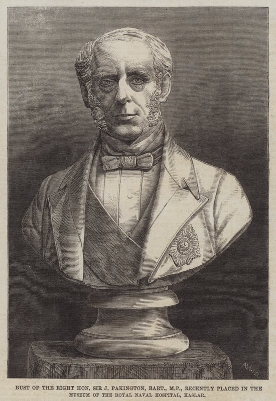 Sir J Pakington, Baronet, parlamenti képviselő mellszobra, amelyet a közelmúltban a Haslar-i Királyi Tengerészeti Kórház Múzeumában helyeztek el (metszet) alkotó: English School