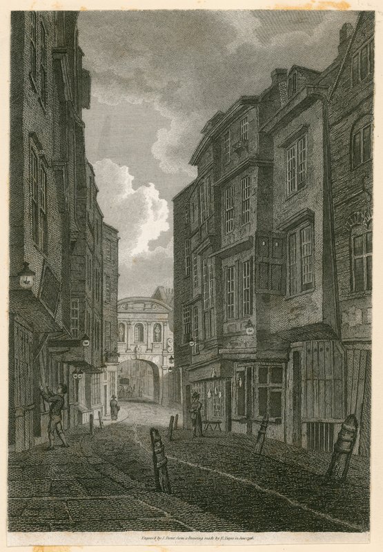 Butcher Row, a Temple Bar felől nézve, Edward Dayes 1796. június 9-i rajza alapján alkotó: English School