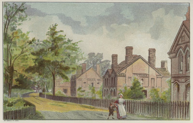 Cadbury munkásházai és vidéki utca, Bournville, Birmingham (chromolitho) alkotó: English School