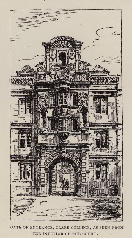 Cambridge: Bejárati kapu, Clare College, az udvar belsejéből nézve (rézkarc) alkotó: English School
