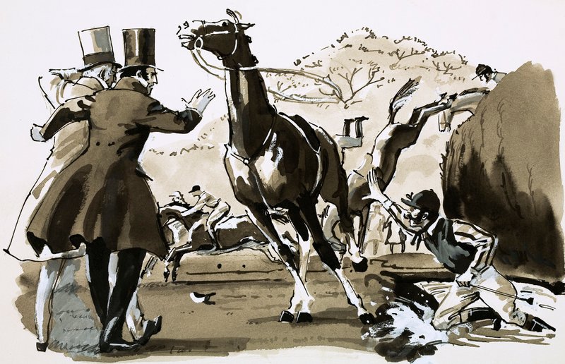 Becher kapitány, a Grand National idején egy kerítésnek vetve (guache papíron) alkotó: English School