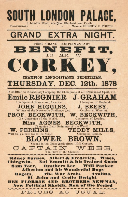 Webb kapitány, a csatorna hőse, Corkey, a gyalogos, a Beckwithek (úszók) és mások a dél-londoni palotában, 1878 alkotó: English School