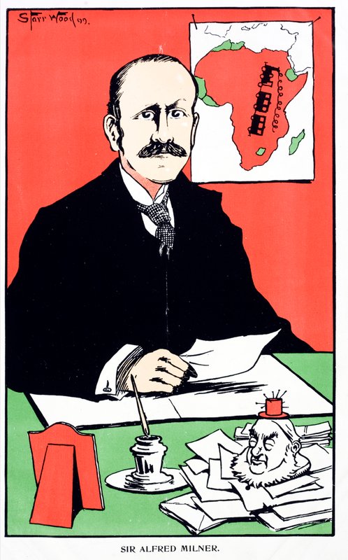 Sir Alfred Milner, a Cape Colony brit gyarmati kormányzója karikatúrája a második búr háború kitörésekor alkotó: English School