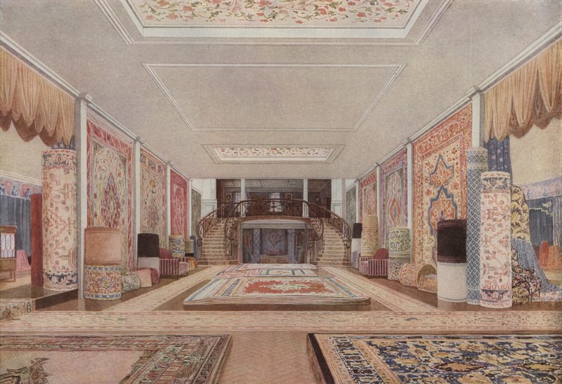 Szőnyegbemutatóterem a Williamson and Cole-nál (színes litho) alkotó: English School