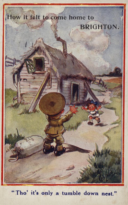 Karikatúra propaganda képeslap kisfiú katona visszatér a lány és elpusztult otthon alkotó: English School