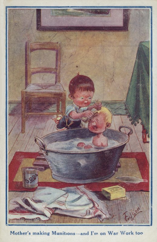 Karikatúra propaganda képeslap két kisfiúról alkotó: English School