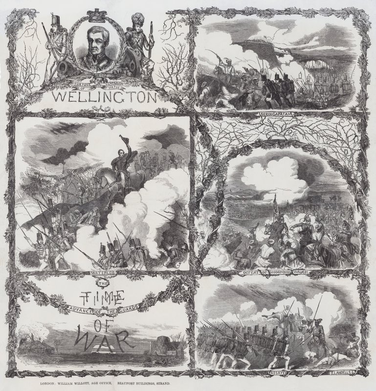 Wellington herceg győzelmeinek ünneplése Seringapatam ostrománál (1799), Dhondia Wagh legyőzése (1800), az assaye-i csata (1803) és a waterloo-i csata (1815) (metszet). alkotó: English School