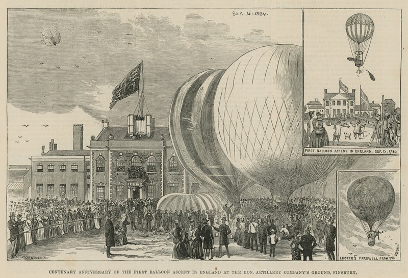 Százéves évfordulója az első ballonos felemelkedésnek Angliában a Hon. Tüzérségi Társaság, Finsbury alkotó: English School
