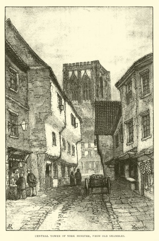 York Minster központi tornya, az Old Shambles-től alkotó: English School