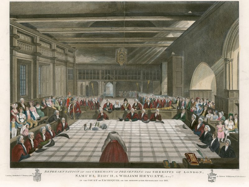 A londoni seriffek, Samuel Birch és William Heygate átadási ceremóniája a Pénzügyminisztériumban, 1811 Mihály napját követő másnap alkotó: English School