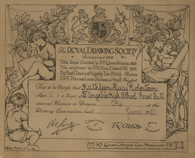 A Royal Drawing Society által adott bizonyítvány alkotó: English School
