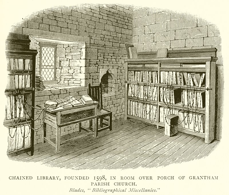 Láncolt könyvtár, amelyet 1598-ban alapítottak, a Grantham plébániatemplom tornáca feletti szobában alkotó: English School