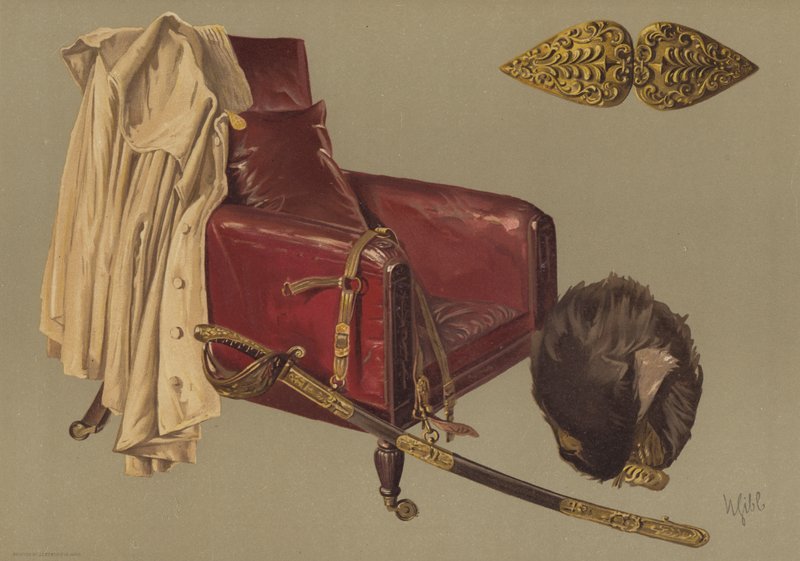 Wellington hercegének tábornagy széke és köpenye, medvebőrrel és a gránátosőrök kardjával (chromolitho) alkotó: English School