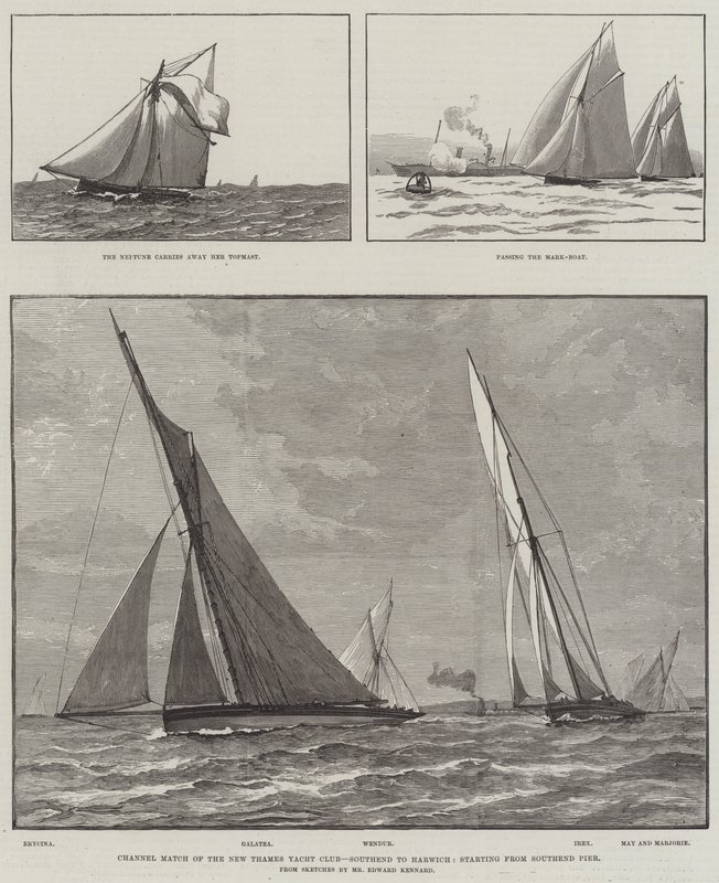 A New Thames Yacht Club csatornamérkőzése, Southend és Harwich, a Southend mólótól indulva (metszet) alkotó: English School