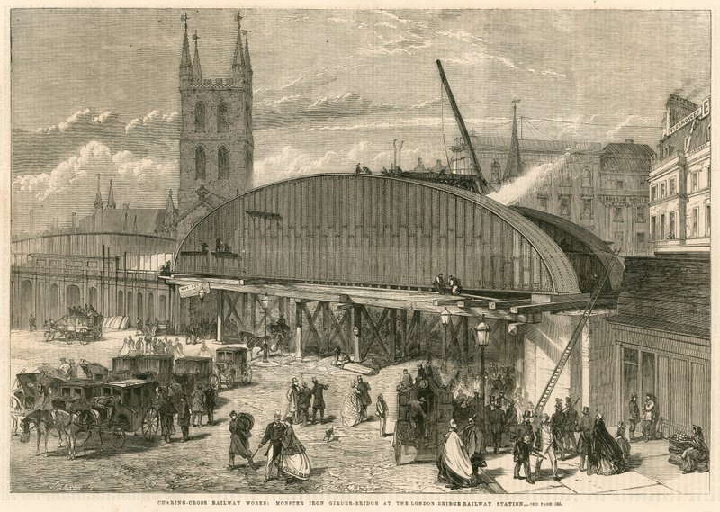 A Charing Cross Railway munkái: szörny vasgerendás híd a London Bridge pályaudvaron alkotó: English School