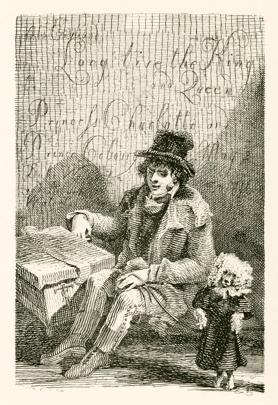 Charles Wood, egy vak ember, orgonával és táncoló kutyával alkotó: English School