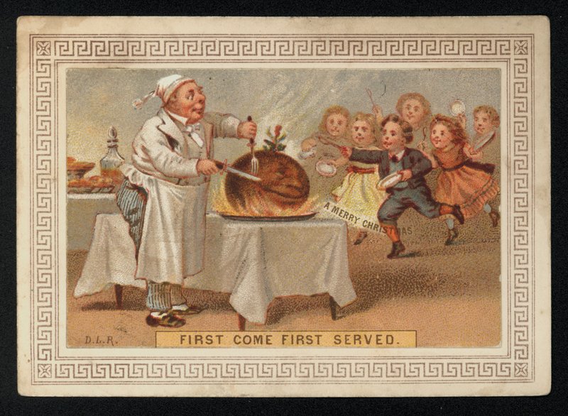 Szakács farag fel egy szilva pudingot, karácsonyi üdvözlőlap. (chromolitho) alkotó: English School