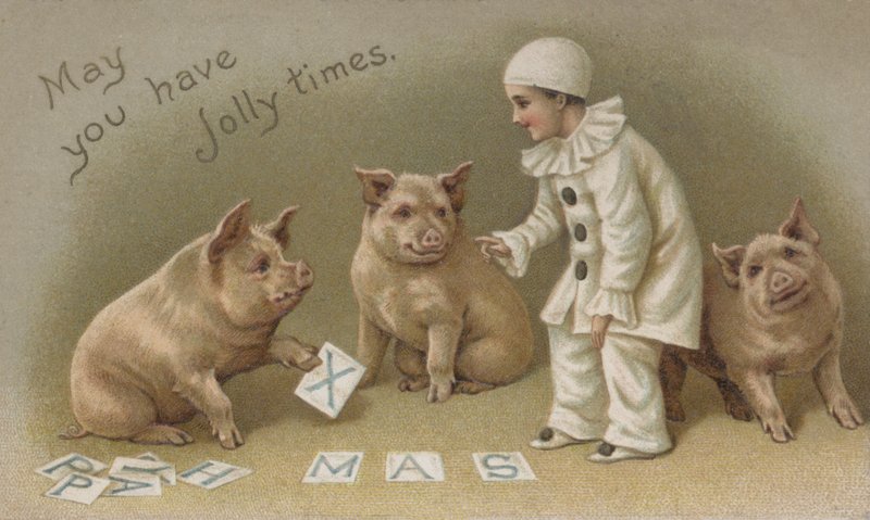 Gyermek Pierrot jelmezben három malaccal, karácsonyi üdvözlőlap (chromolitho) alkotó: English School