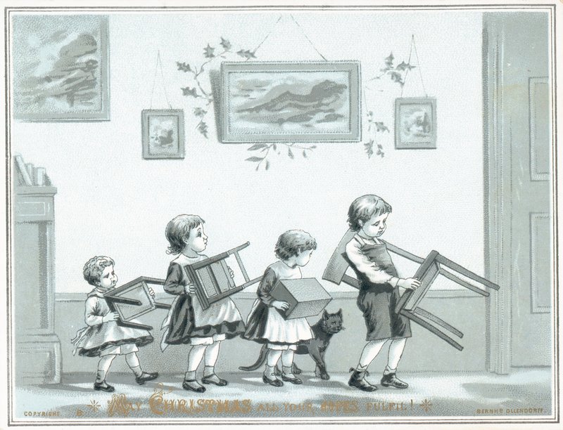 Gyermekek hordozó széket és zsámolyt, karácsonyi kártya alkotó: English School